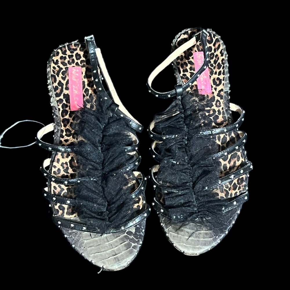 Betsey Johnson flat sandals, animal print, tulle, studded straps.